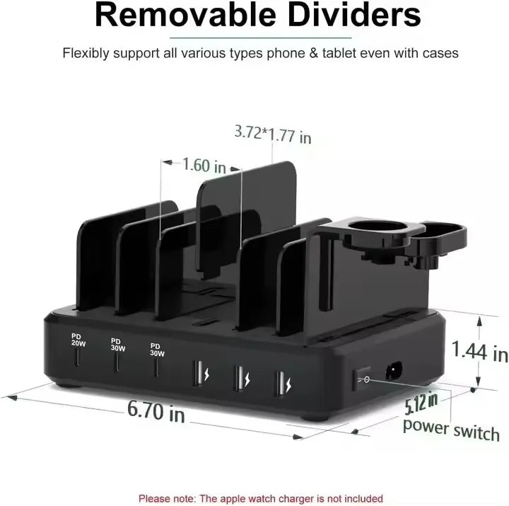 Multi-port Fast Charging Station for Phone Watch Earphone 50W Universal Desktop Charger QC3.0 PD3.1for 6-Port USB C PD