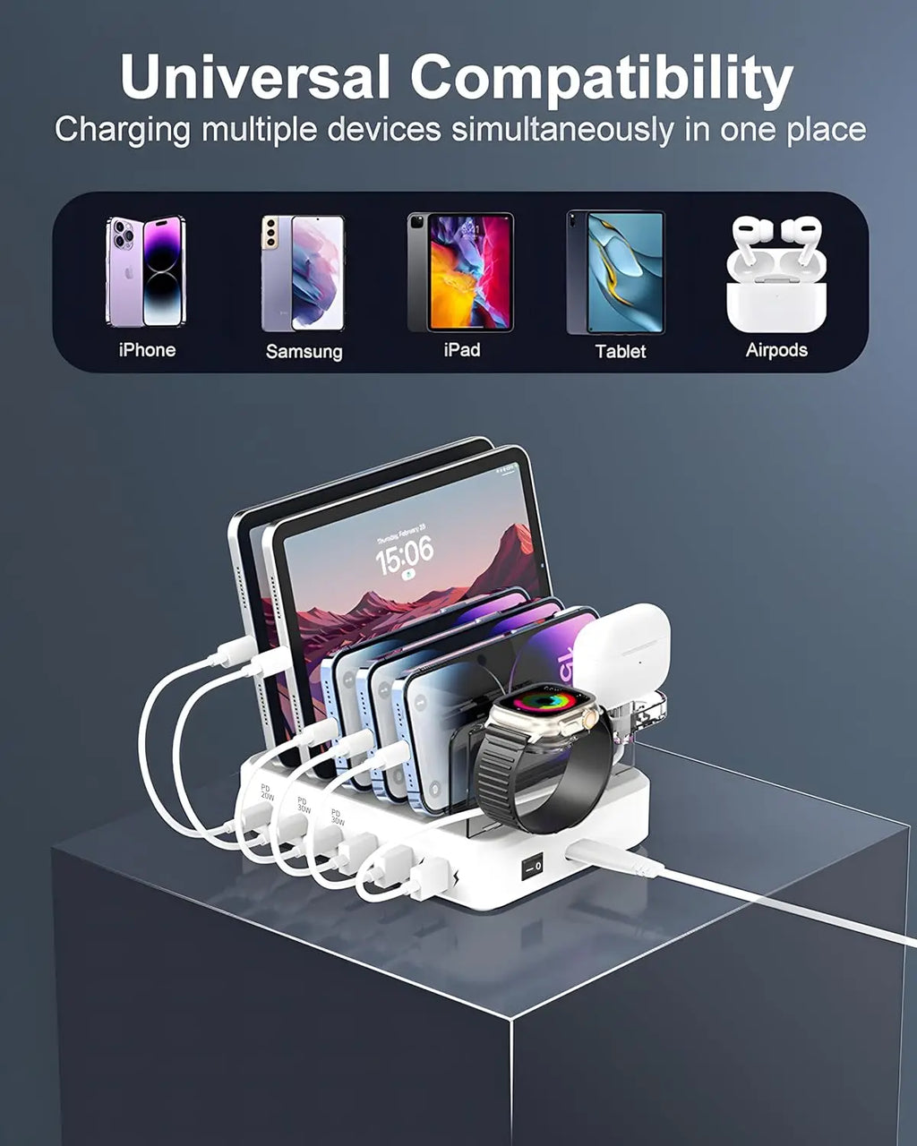 Multi-port Fast Charging Station for Phone Watch Earphone 50W Universal Desktop Charger QC3.0 PD3.1for 6-Port USB C PD