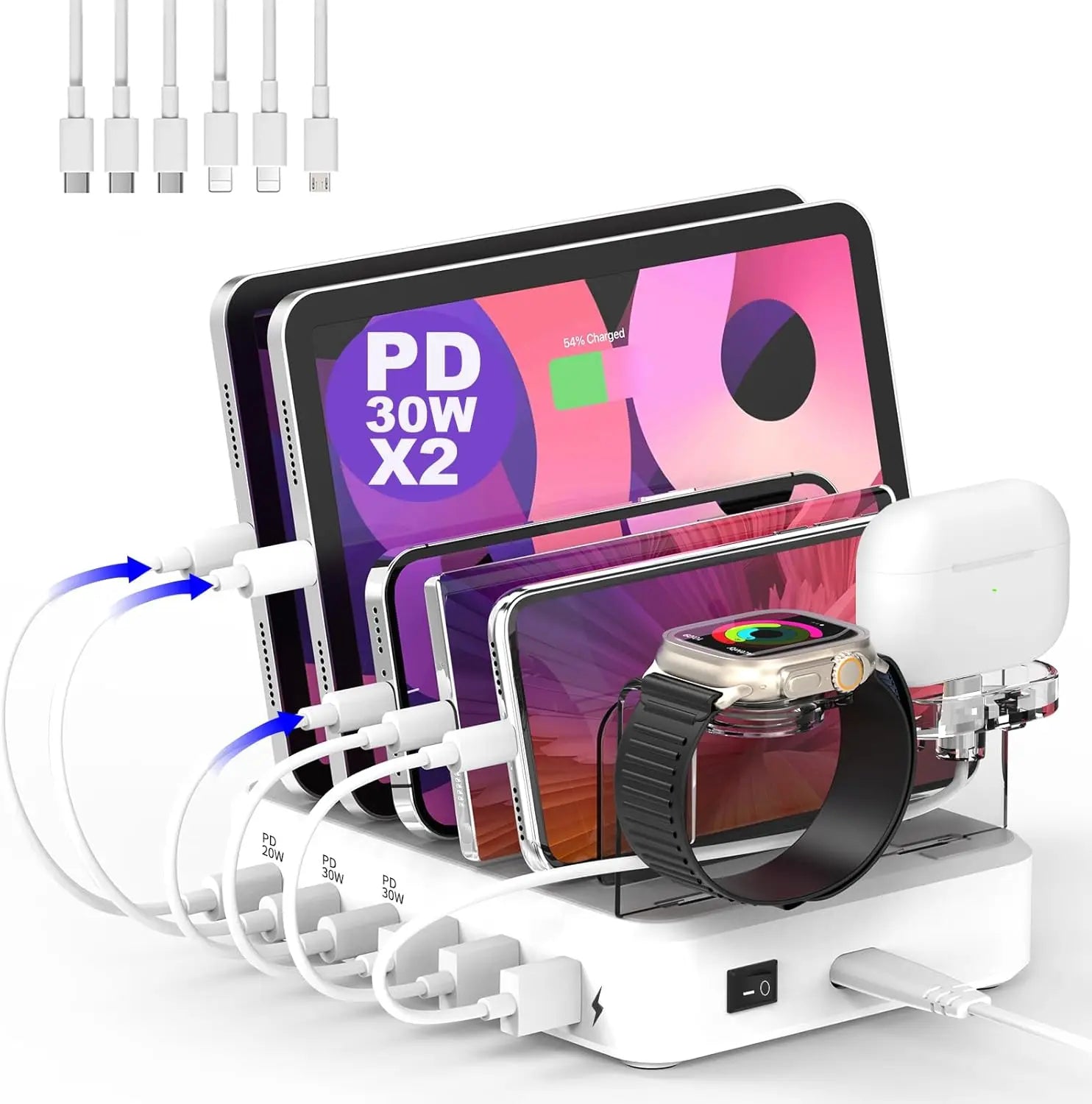Multi-port Fast Charging Station for Phone Watch Earphone 50W Universal Desktop Charger QC3.0 PD3.1for 6-Port USB C PD