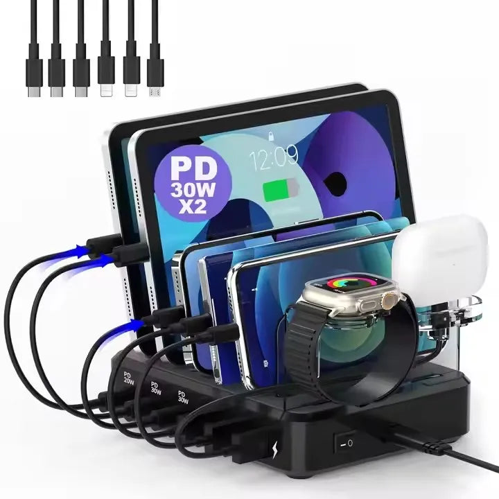 Multi-port Fast Charging Station for Phone Watch Earphone 50W Universal Desktop Charger QC3.0 PD3.1for 6-Port USB C PD