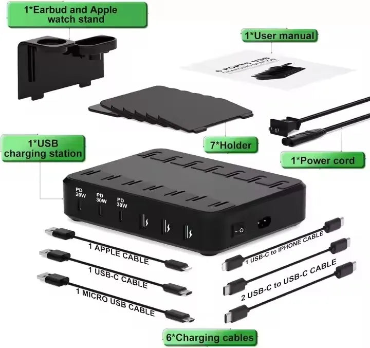 Multi-port Fast Charging Station for Phone Watch Earphone 50W Universal Desktop Charger QC3.0 PD3.1for 6-Port USB C PD